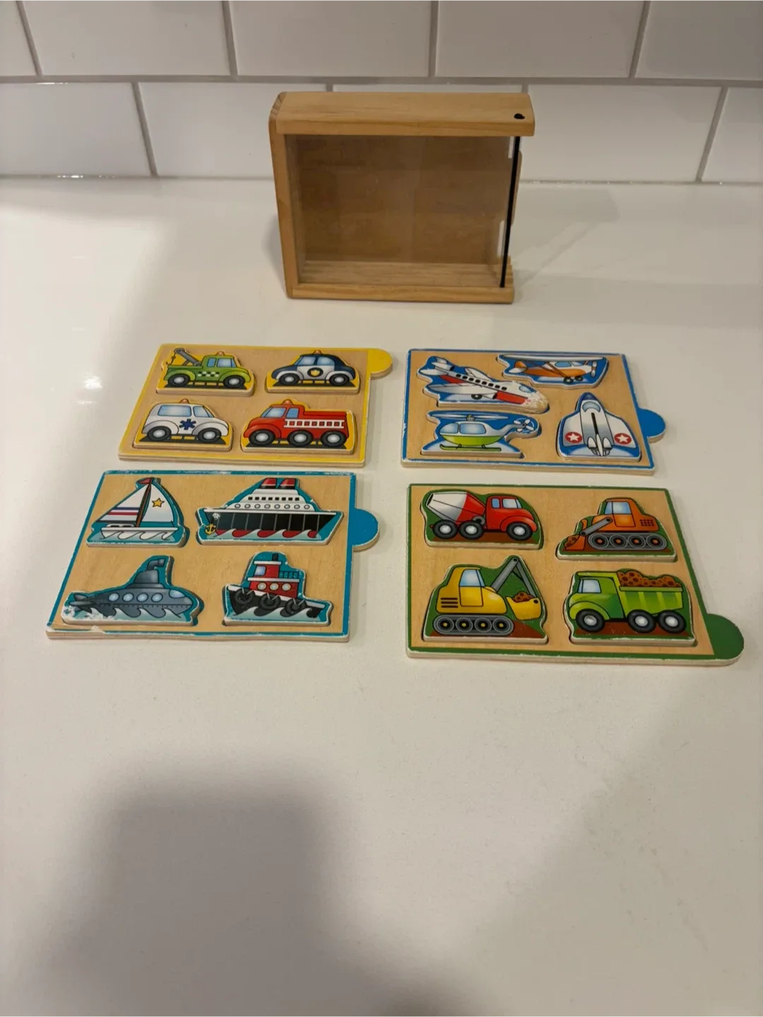 Set of 4 Wooden Vehicle Puzzles w/ Case For Sale thumbnail