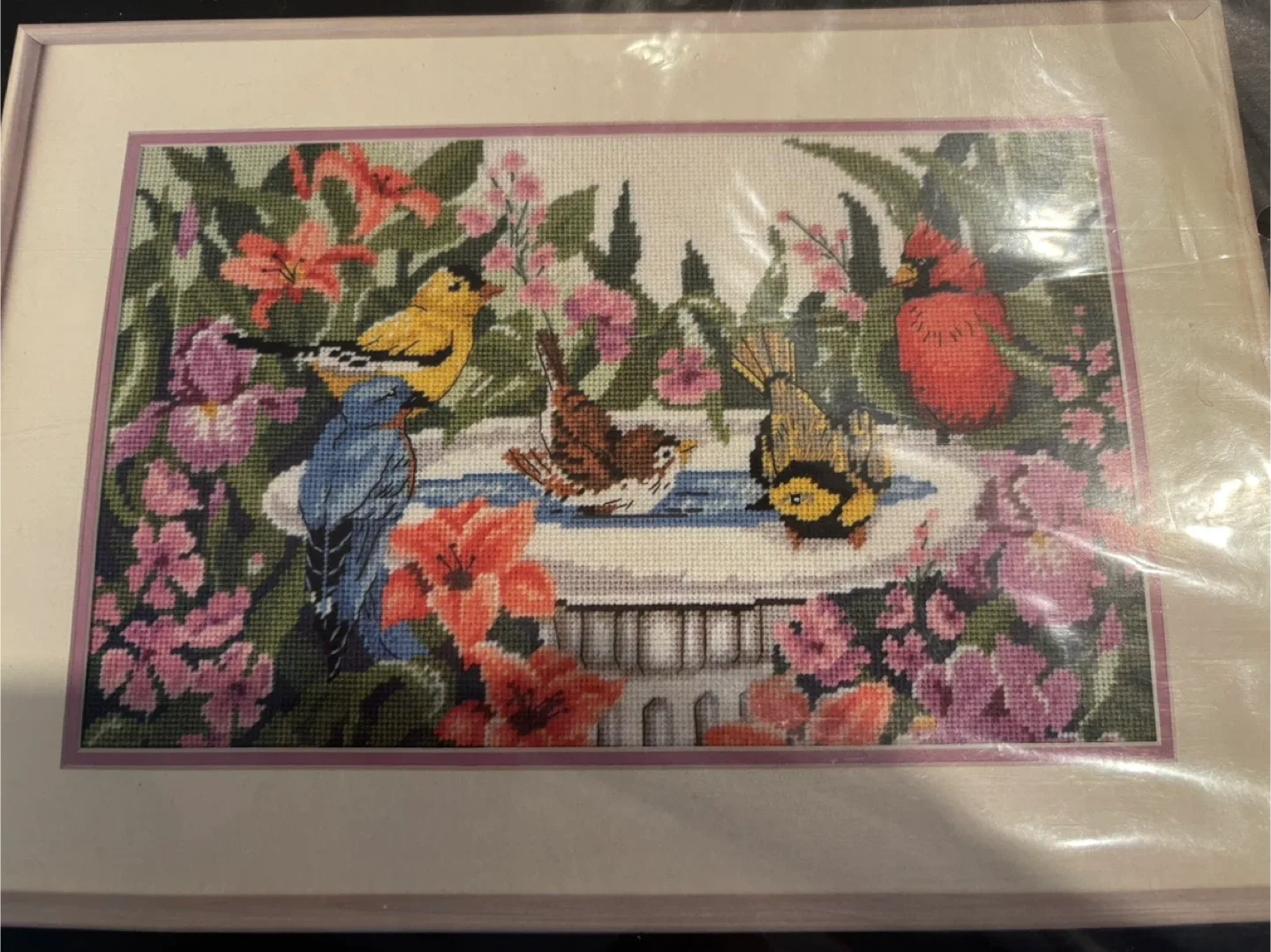 Dimensions 1990 Birds At Garden Bath Needlepoint Kit For Sale image indicator(3)