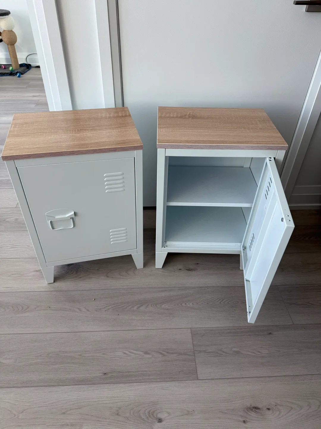 Two White Metal Locker Style Nightstands thumbnail