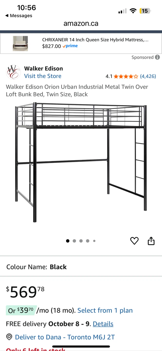 Walker Edison Orion Metal Twin Over Twin Loft Bunk Bed - Black