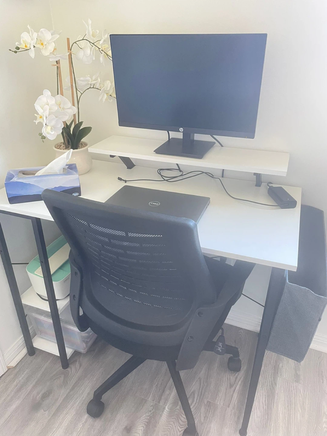 White Desk with 2 tier Shelves and Storage Pocket