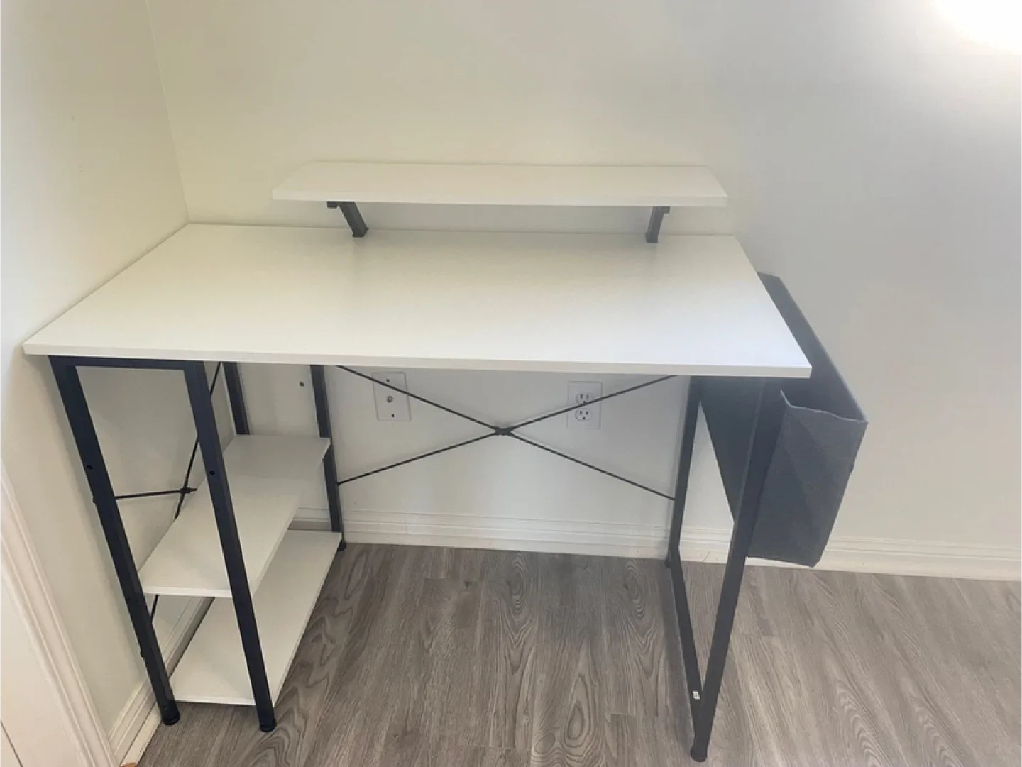 White Desk with 2 tier Shelves and Storage Pocket image indicator(2)