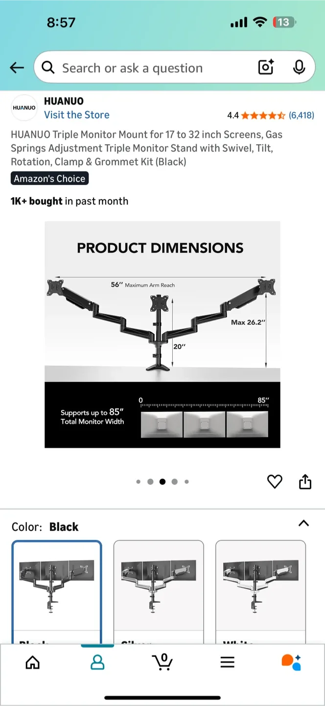 HUANUO Triple Monitor Mount Stand - Black image indicator(3)