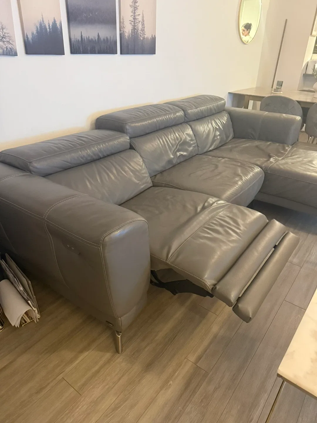 Natuzzi Grey Leather Sectional Sofa with Recliner image indicator(2)