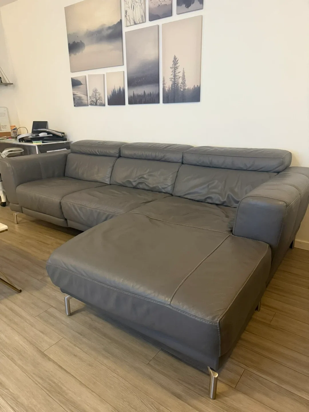 Natuzzi Grey Leather Sectional Sofa with Recliner image indicator(5)