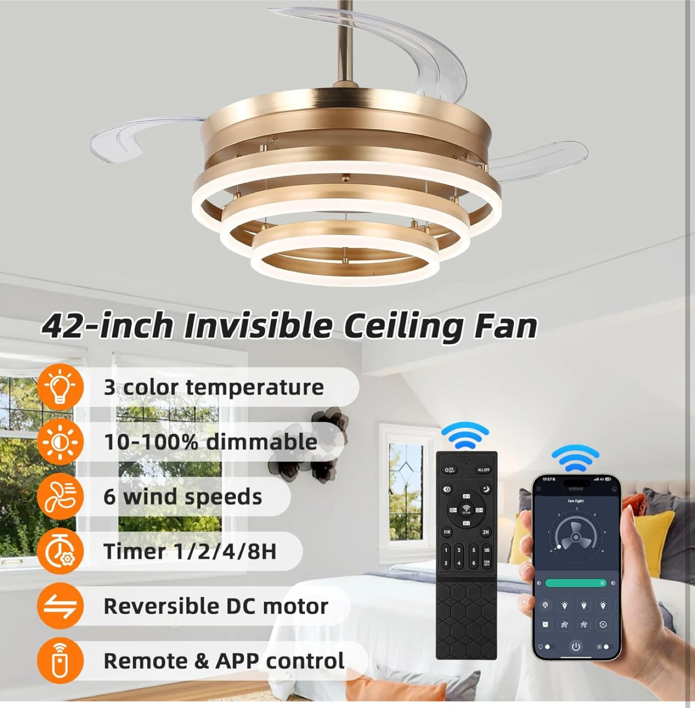 New 42 Inch Retractable Ceiling Fan with Lights,6 speeds - photo 2