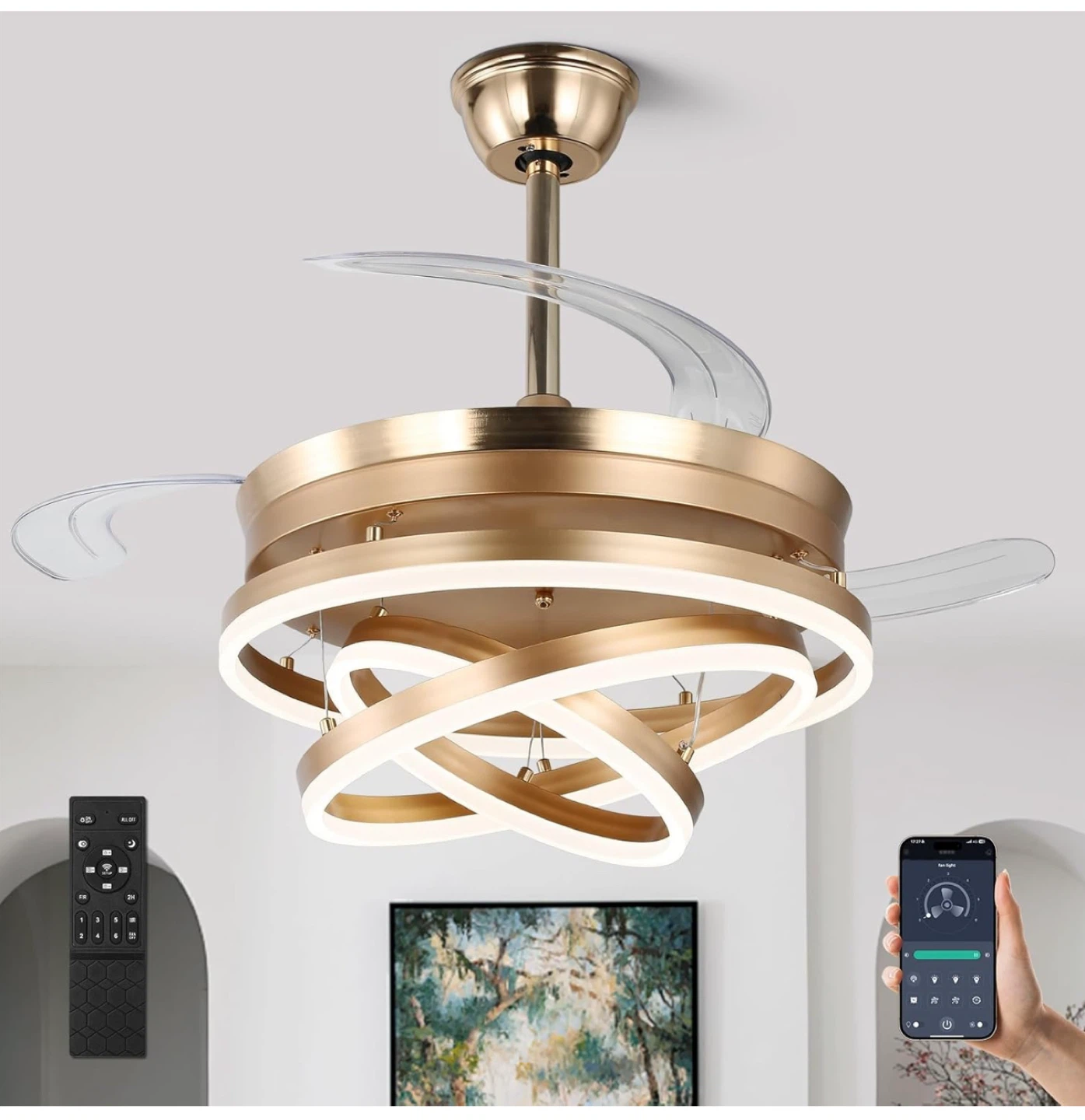 New 42 Inch Retractable Ceiling Fan with Lights,6 speeds