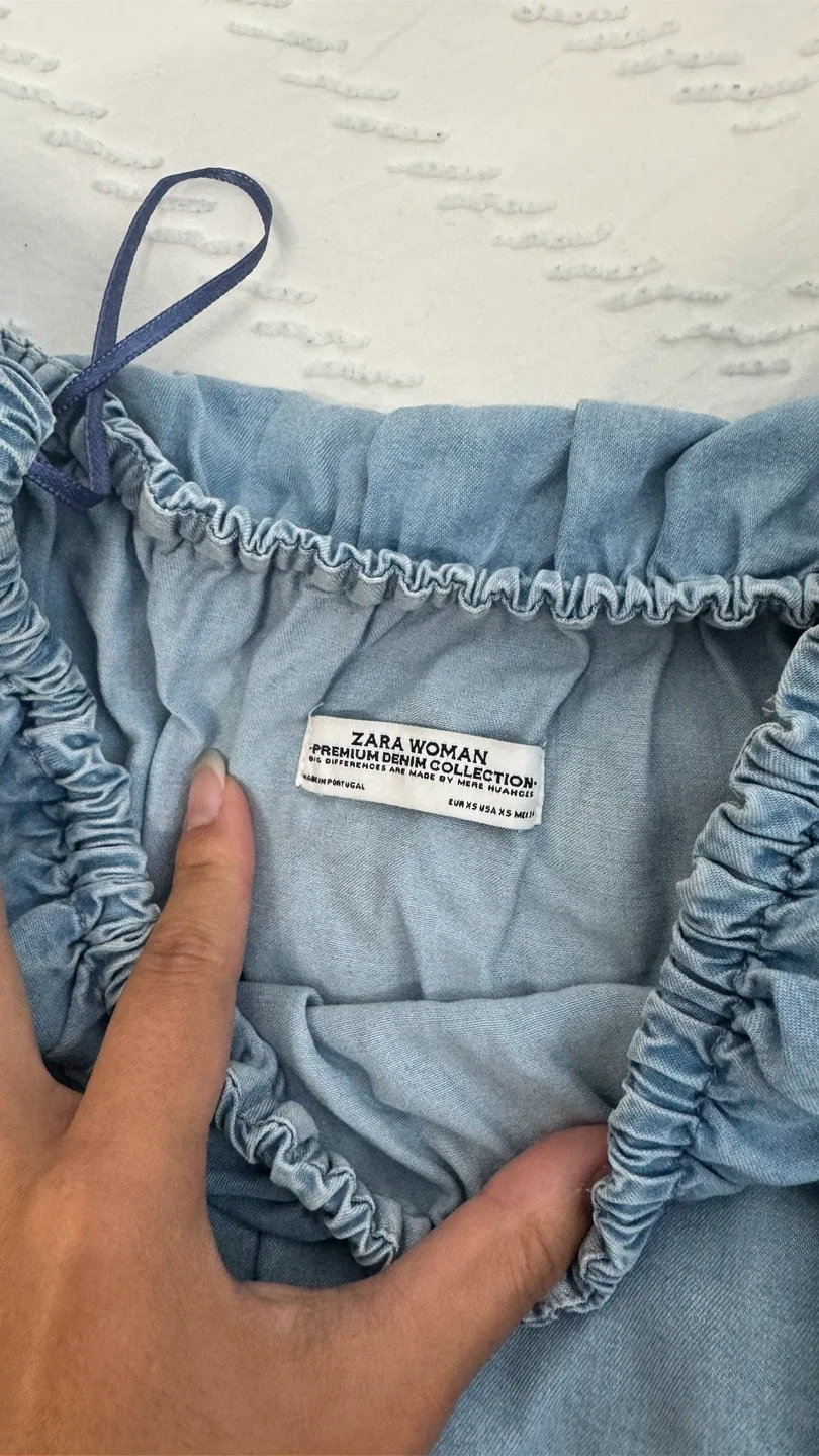 Zara Woman XS Blue Denim Off-Shoulder Dress image indicator(4)