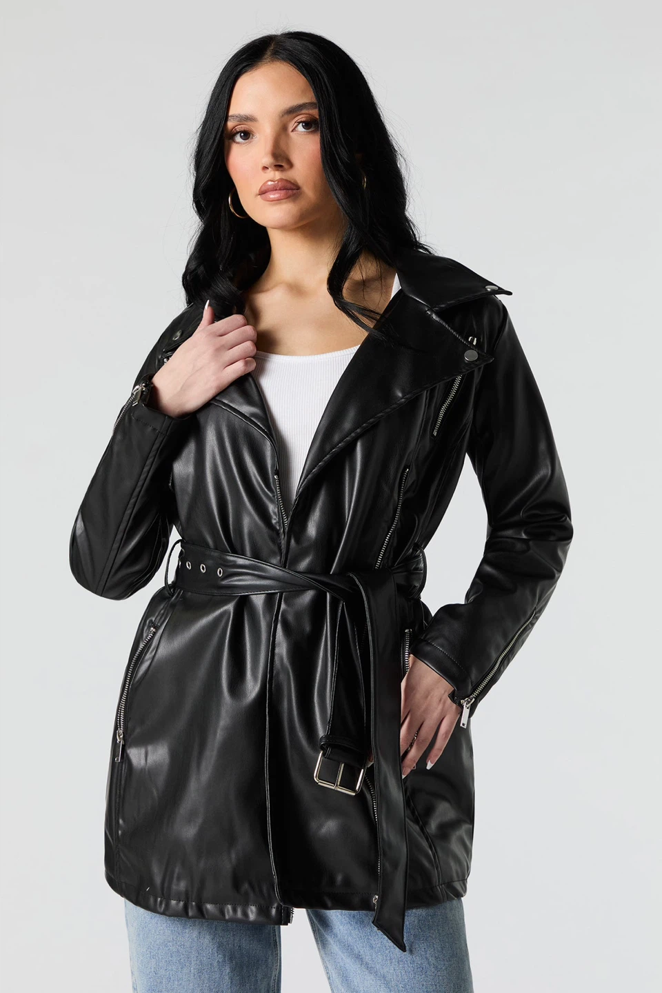 Forever 21 Black Faux Leather Trench Coat - Size M