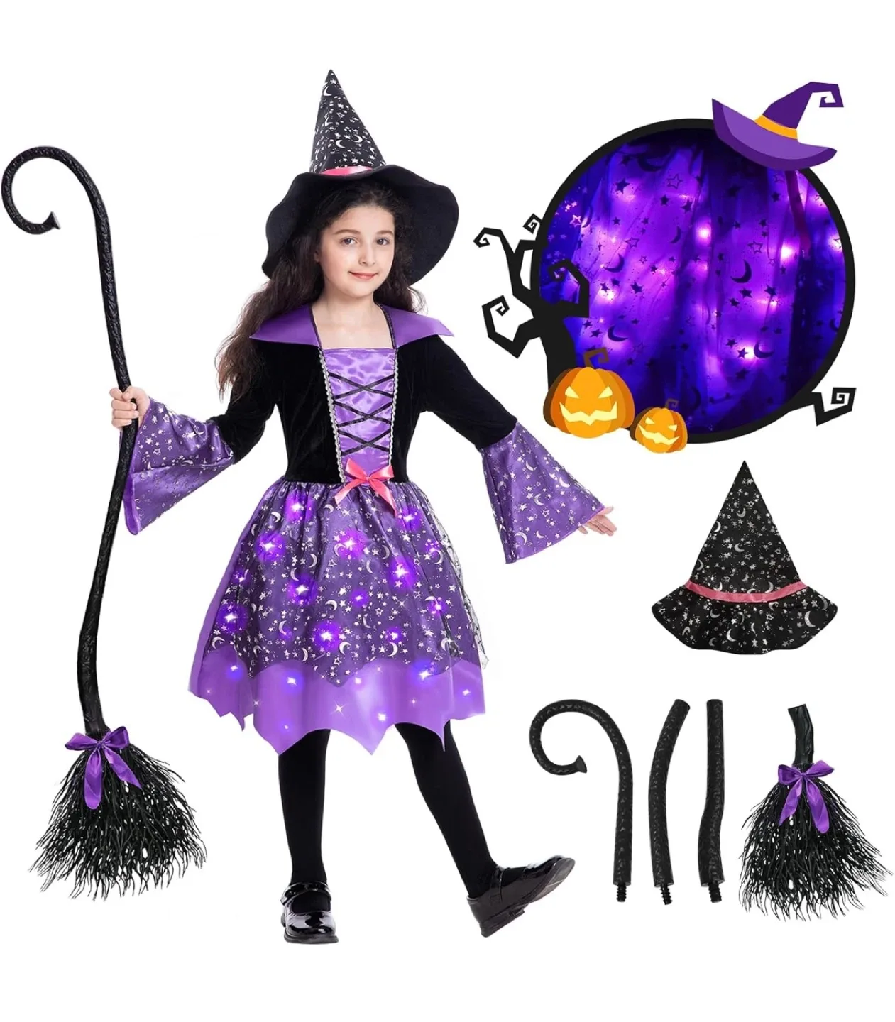 Witch Costume with Light Up Dress & Broom - Size Medium image indicator(4)