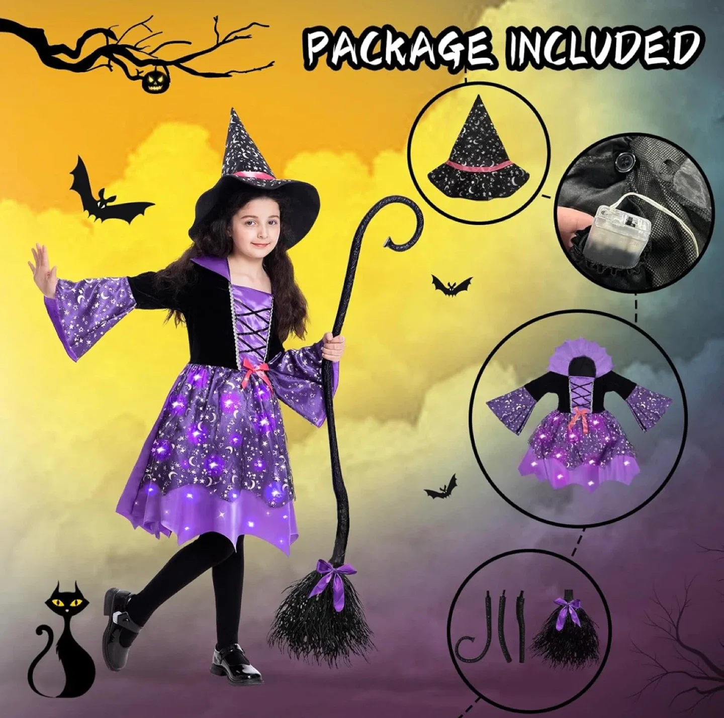 Witch Costume with Light Up Dress & Broom - Size Medium image indicator(3)