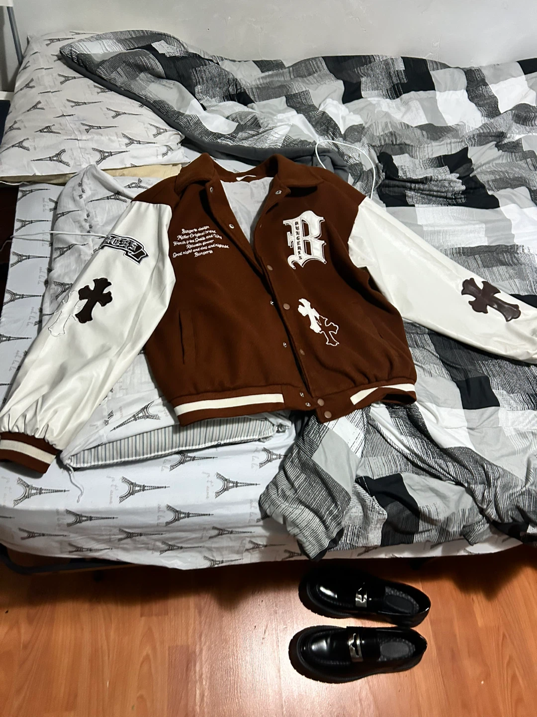 Brown and white varsity jacket size M