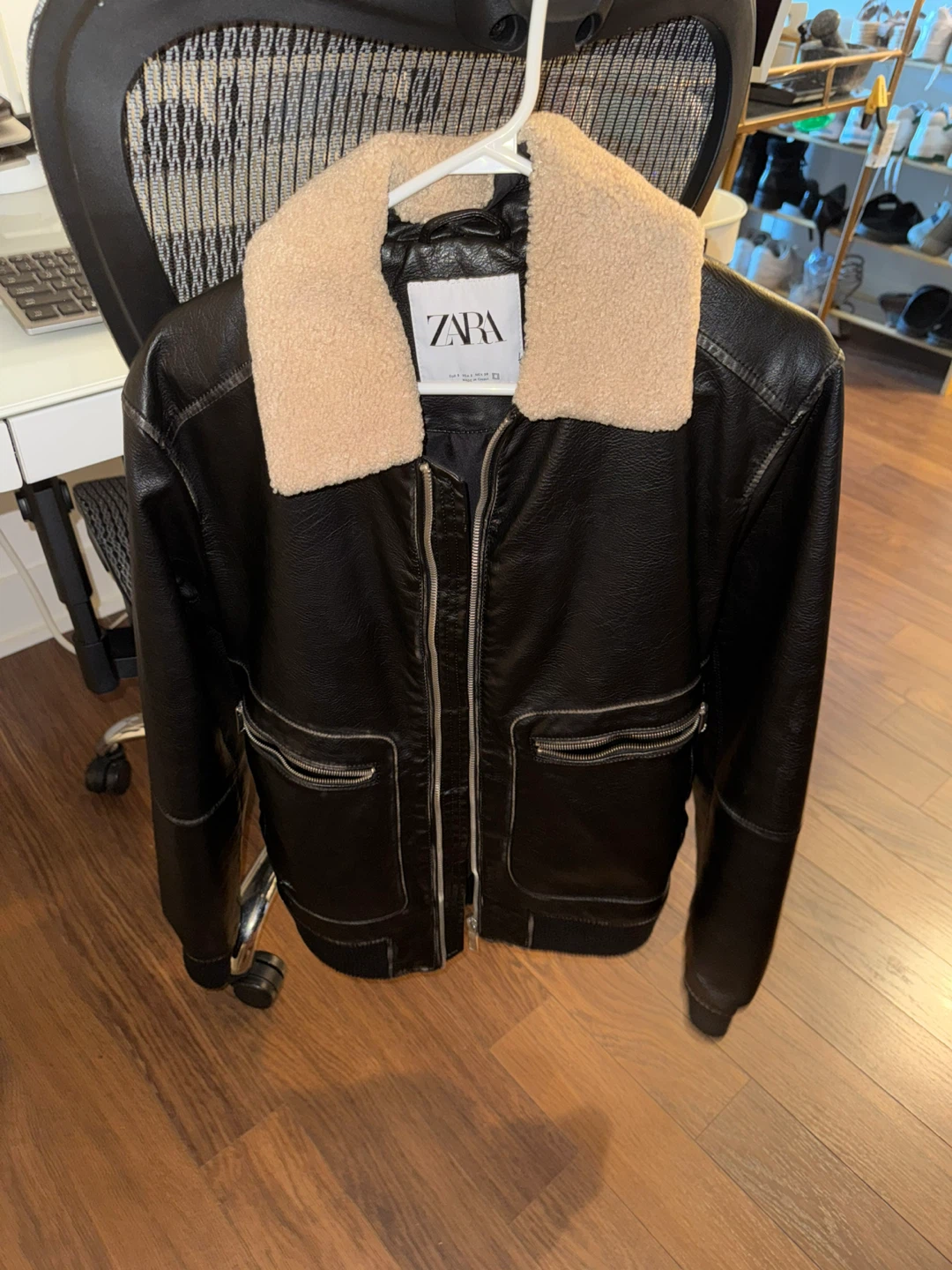 Zara Black Faux Leather Jacket with Sherpa Collar (Size M)