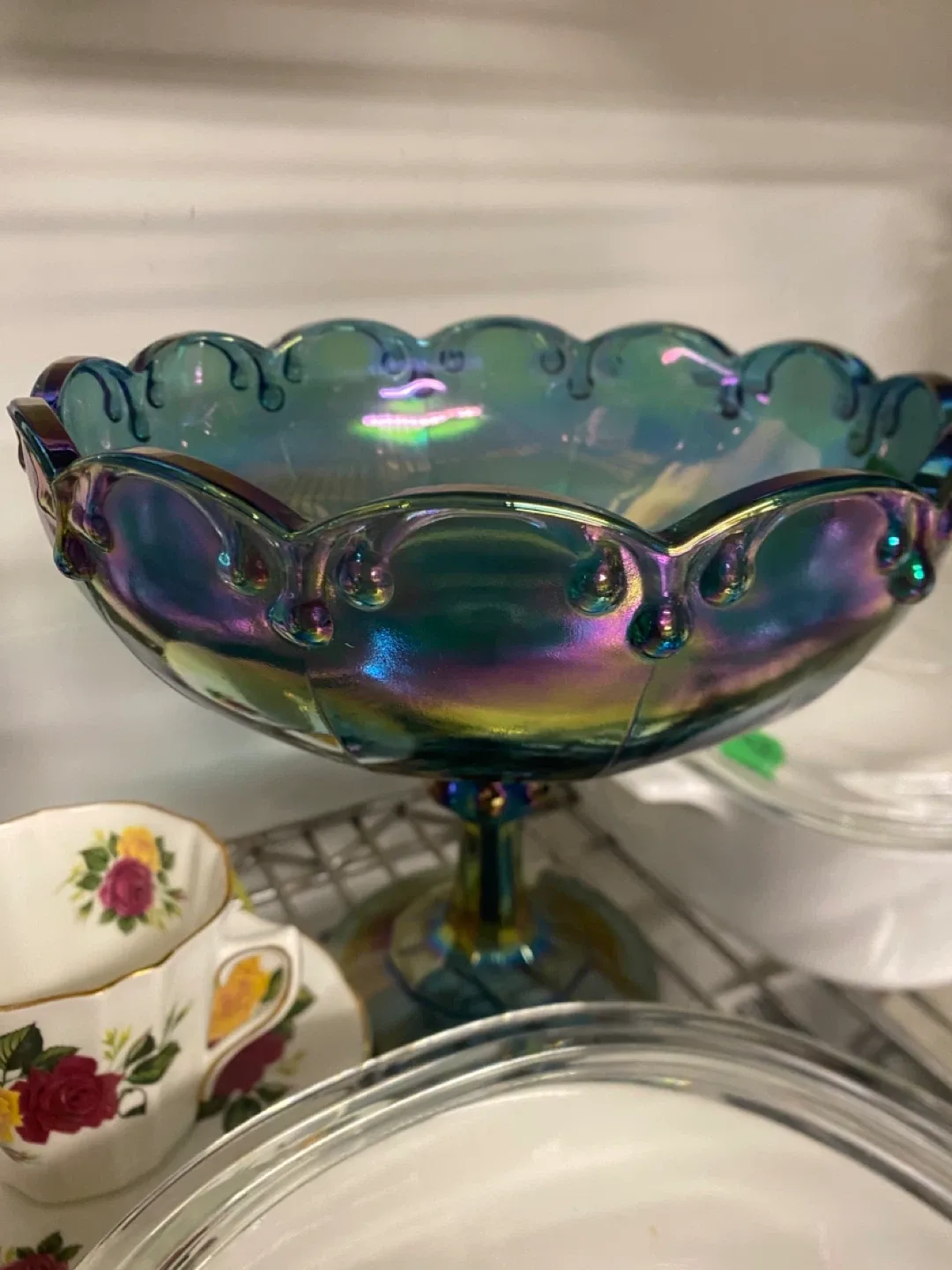 Vintage Large Rainbow Carnival Glass Compote Bowl thumbnail