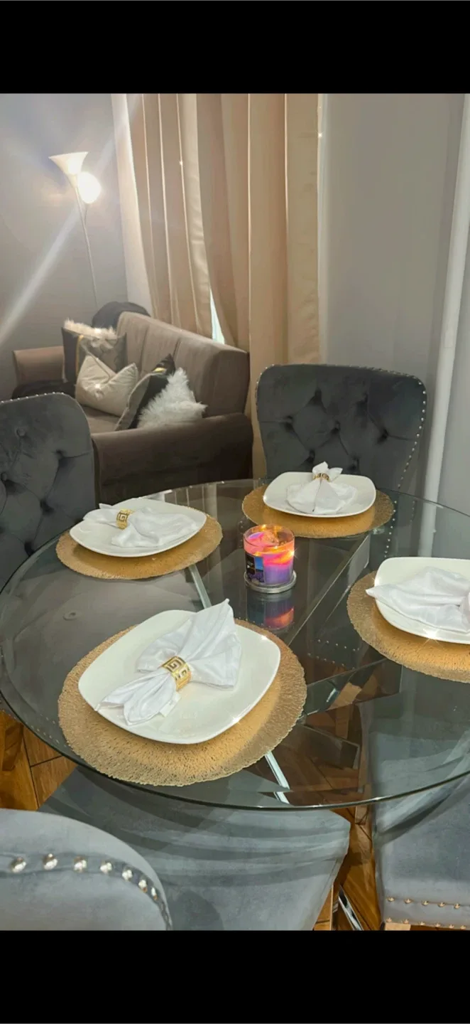 Glass Top Dining Table with 4 Gray Velvet Chairs image indicator(2)