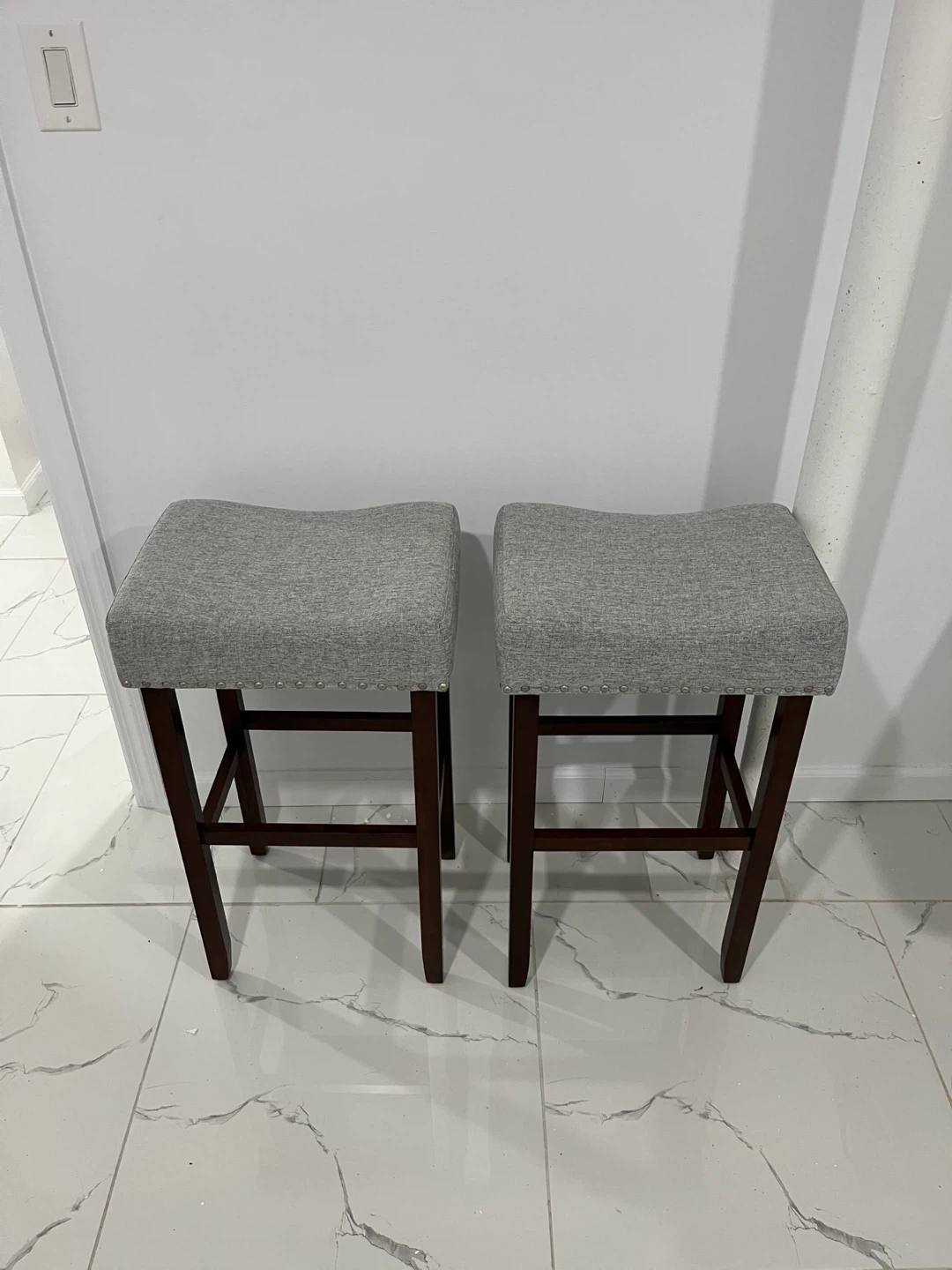 Set of 2 Gray Upholstered Bar Stools