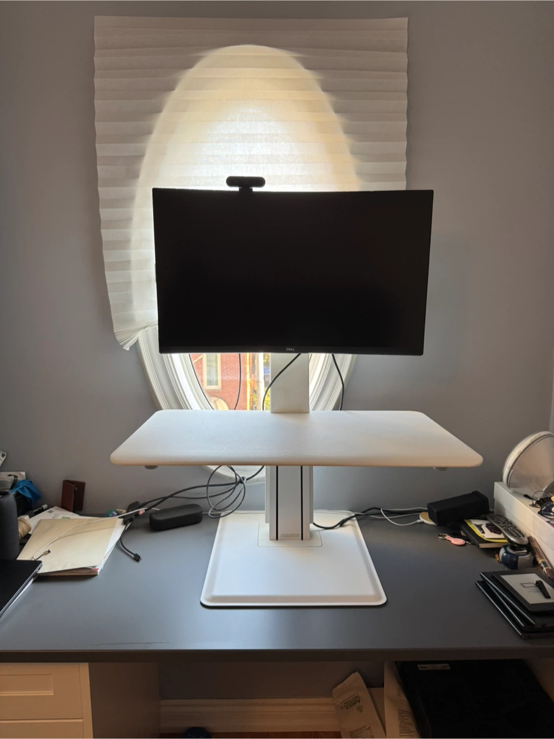 White Sit Stand Desk Converter - Humanscale dual monitor