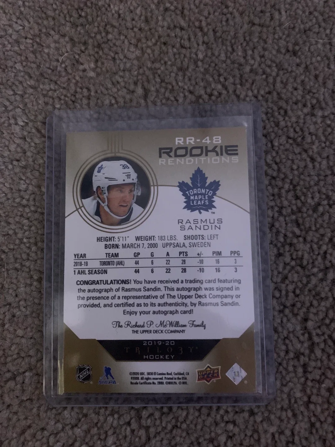 Rasmus Sandin Rookie Autograph Card image indicator(2)