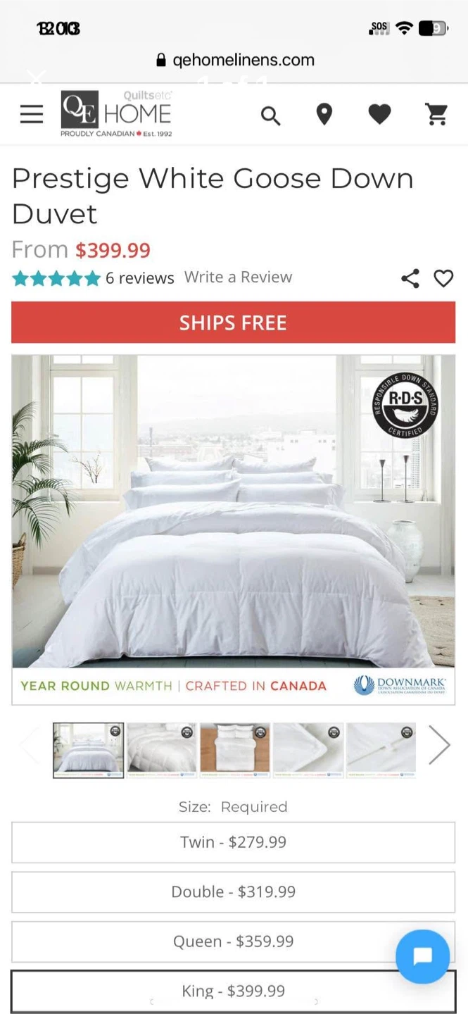 QE Home Prestige White Goose Down king suze  Duvet