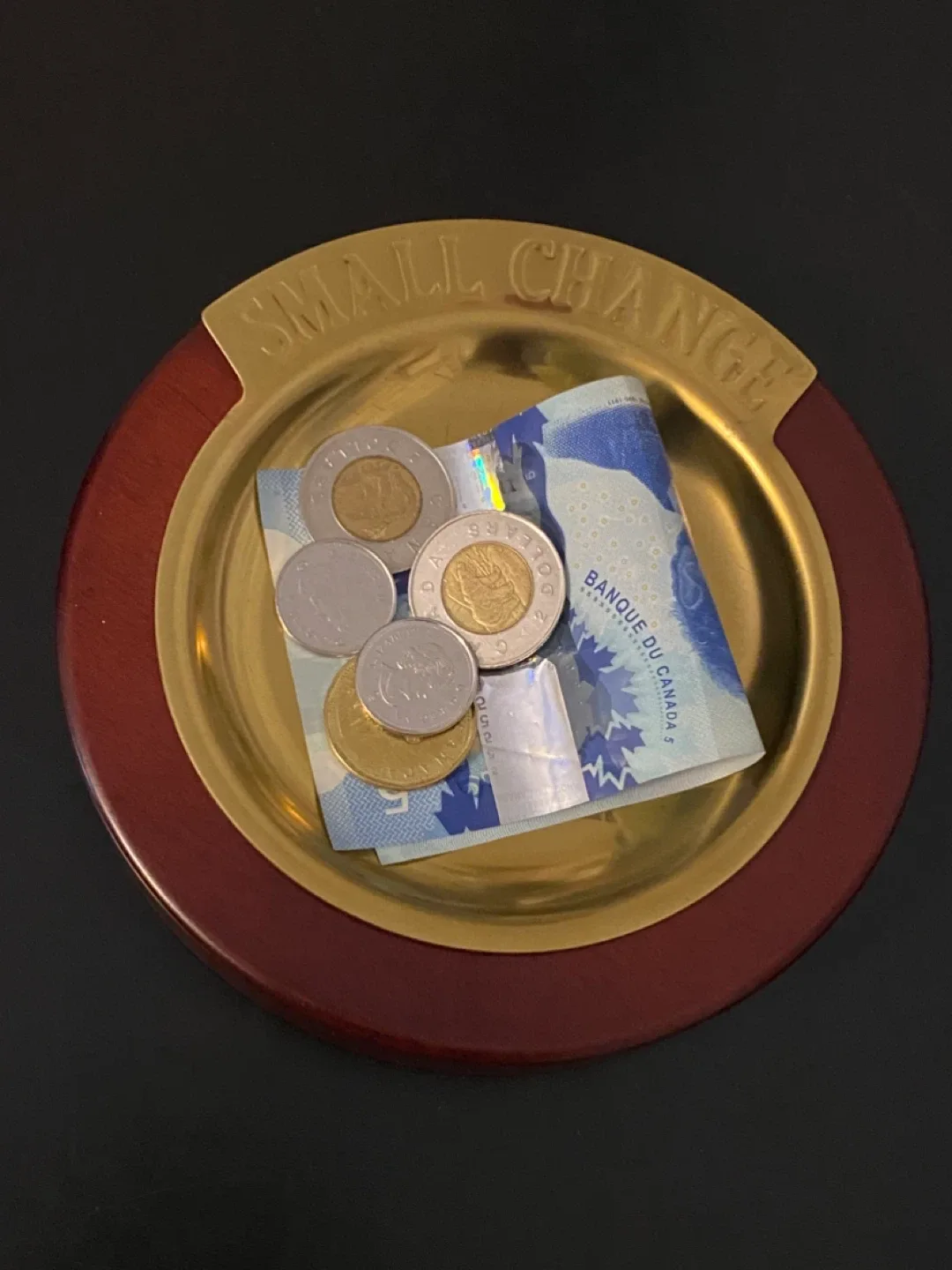 Vintage 1970’s “Small Change” Wood and Brass  Coin Dish! image indicator(6)