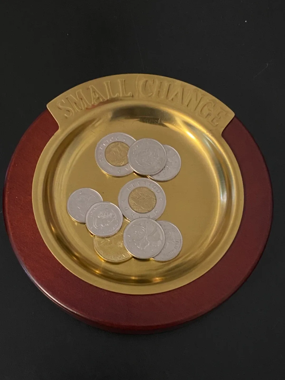 Vintage 1970’s “Small Change” Wood and Brass  Coin Dish! thumbnail
