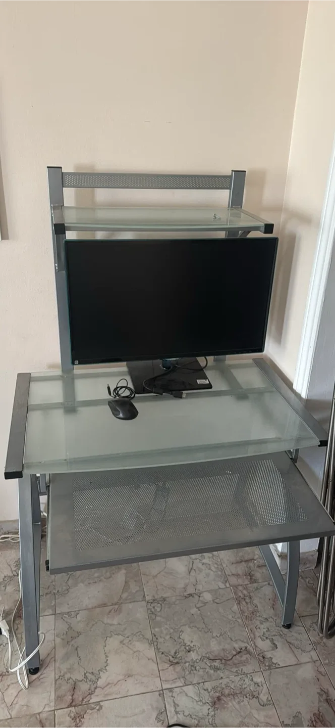 Glass Top Computer Desk with Monitor Stand