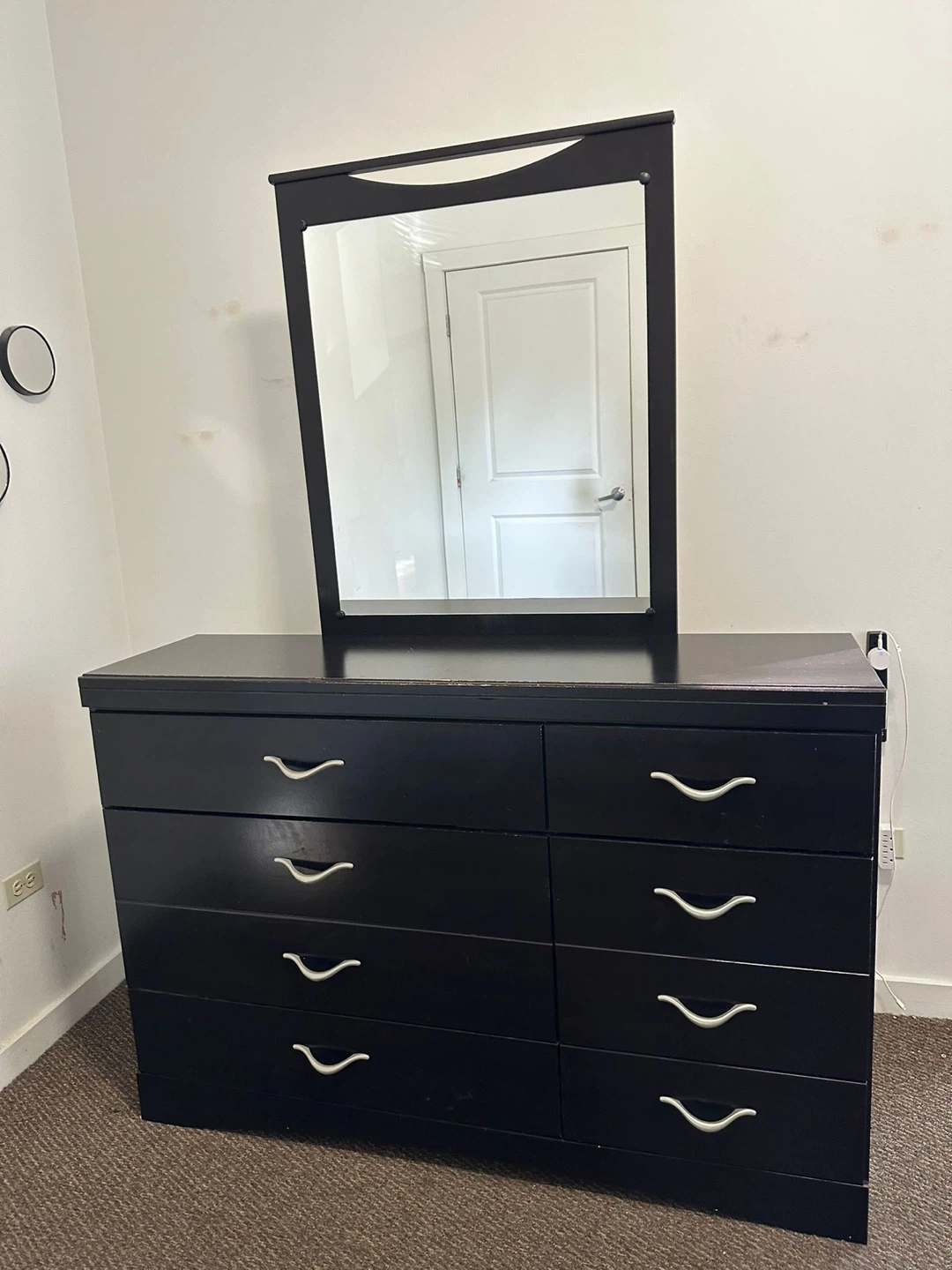 Dark Brown Dresser with Mirror & Headboard