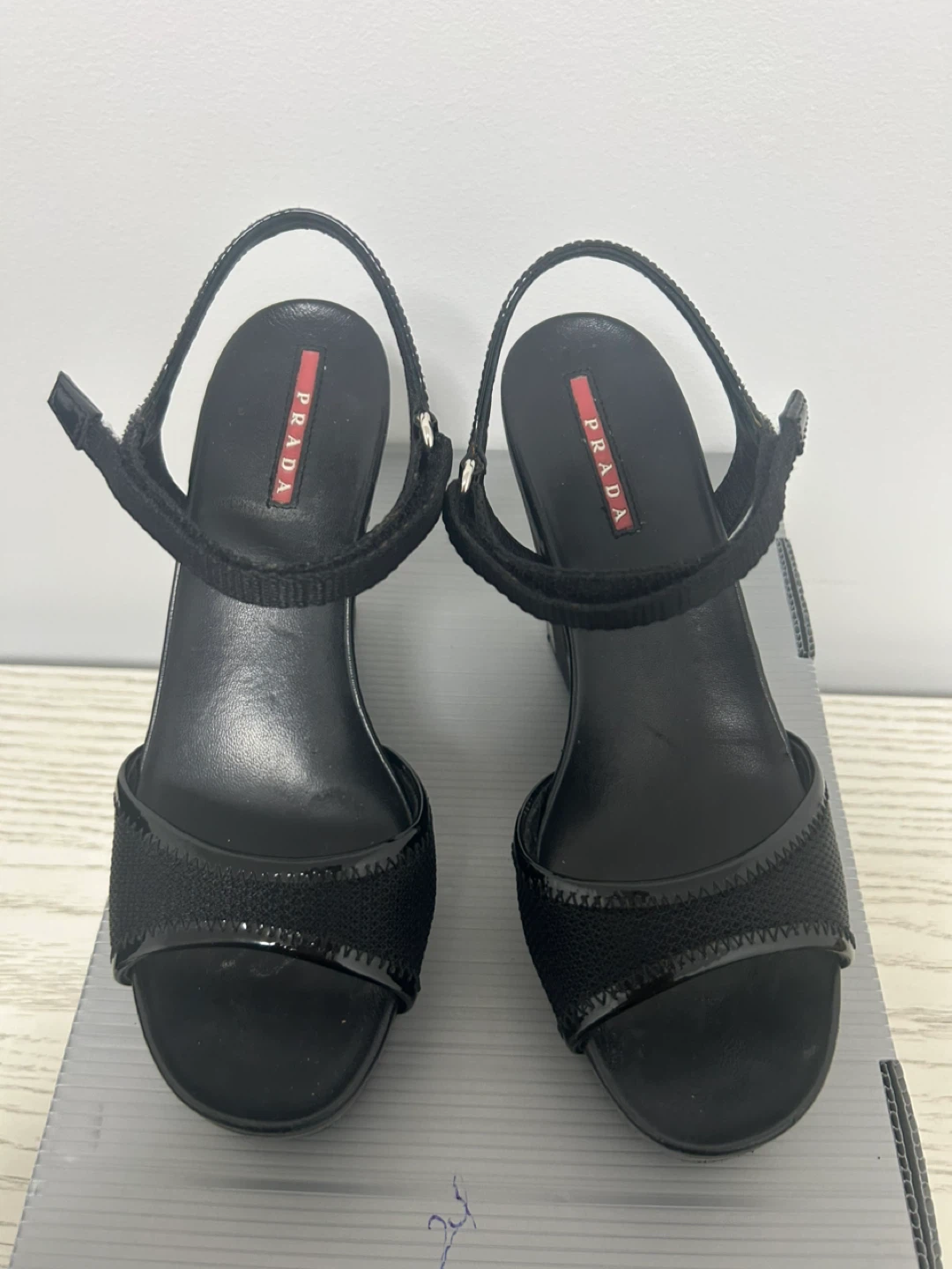 Prada Black Wedge Sandals