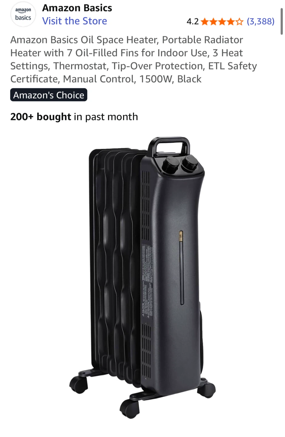 Amazon Basics Oil Space Heater - Black