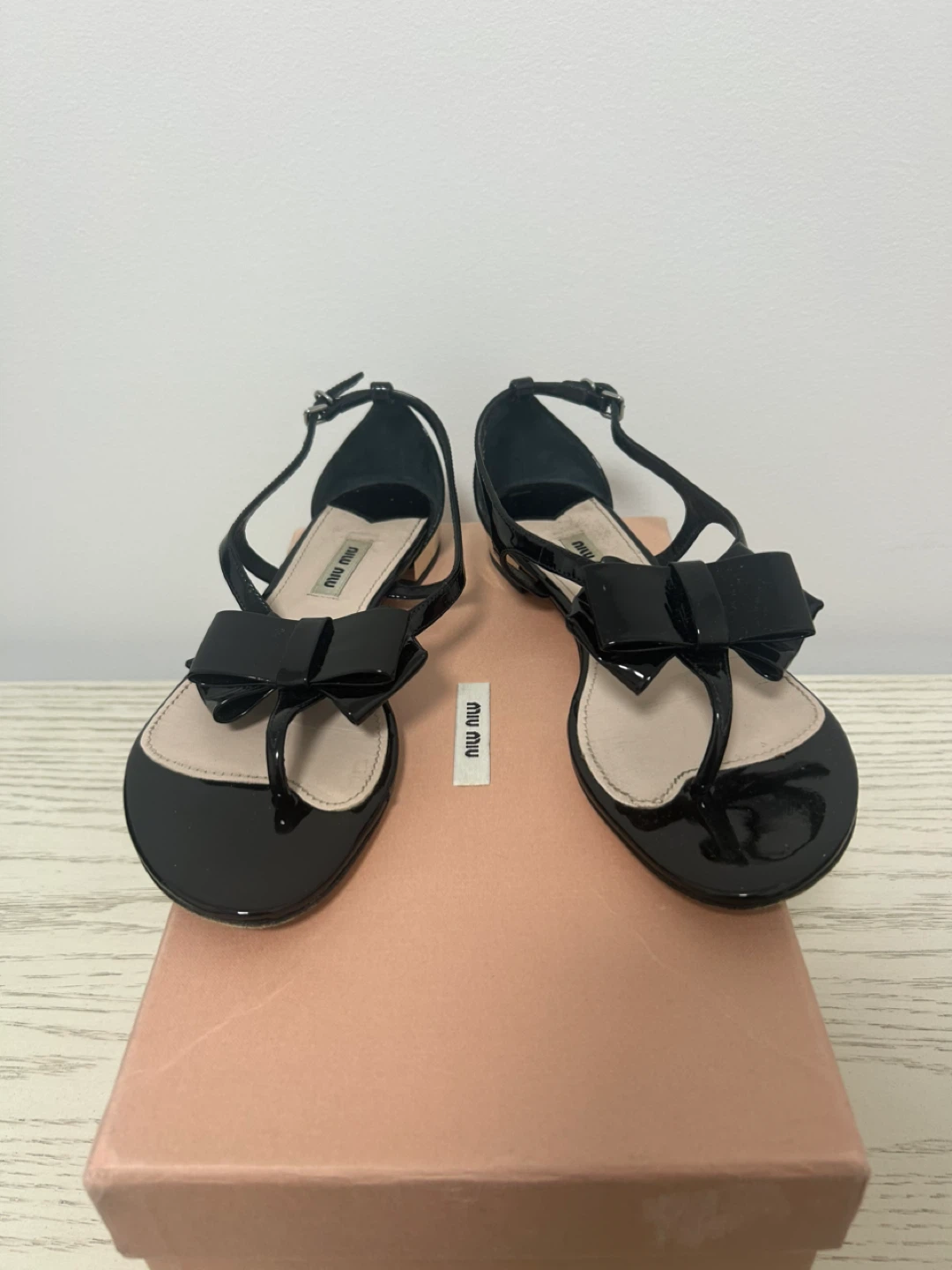 Miu Miu Black Patent Bow Sandals