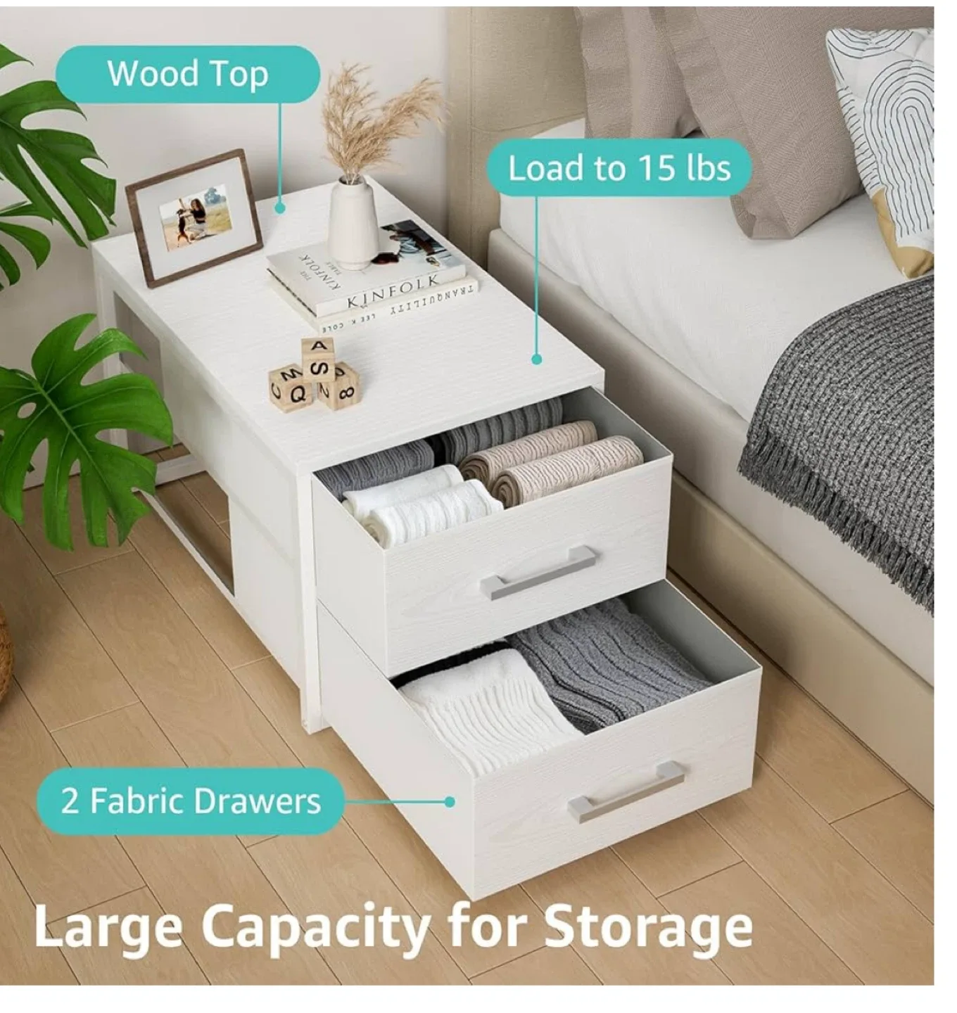White Wood Top Bedside Table with Fabric Drawers image indicator(2)