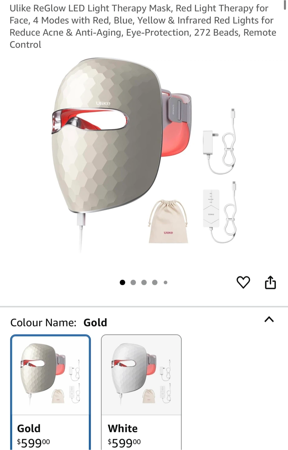 Ulike ReGlow LED Light Therapy Mask - Gold