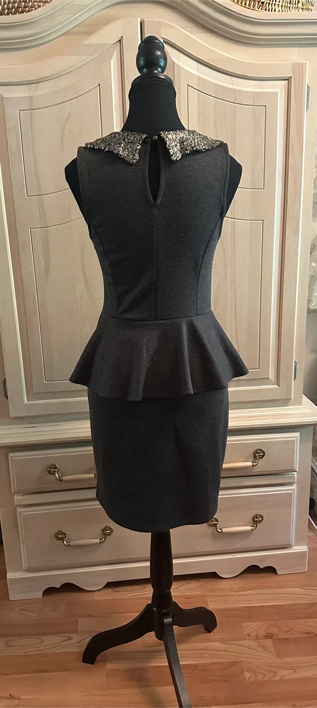 Grey Peplum Dress with Sequin Collar image indicator(2)