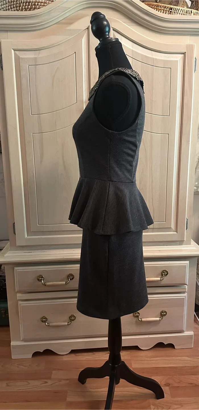 Grey Peplum Dress with Sequin Collar image indicator(3)