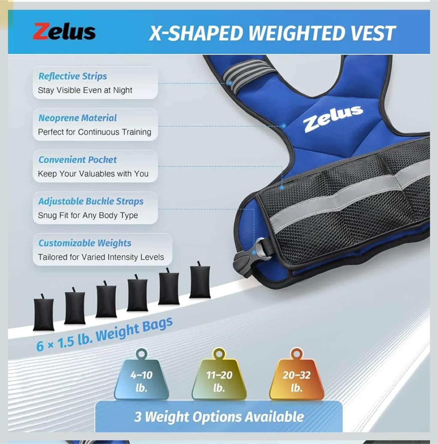 Zelus X-Shaped Weighted Vest 11lb-20lb adjustable image indicator(2)
