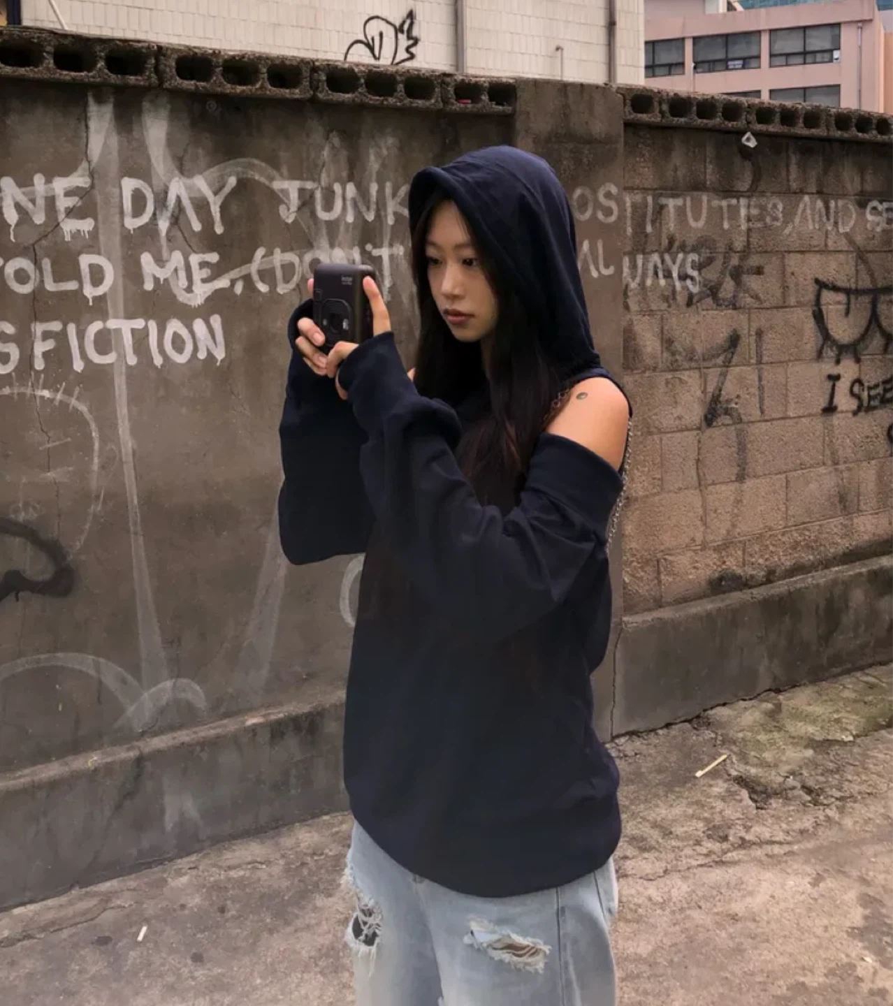 Navy Blue Cold Shoulder Hoodie