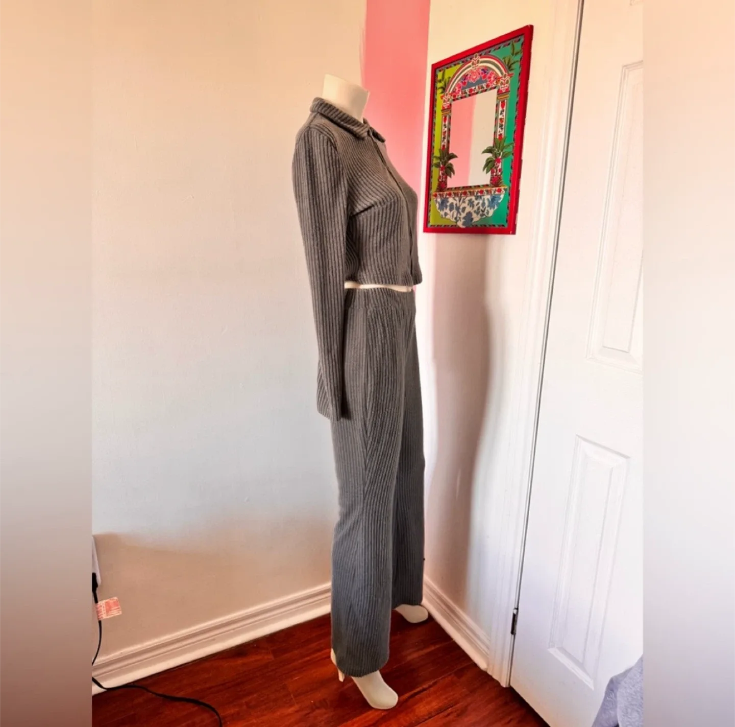 Grey Ribbed Zip Up Cropped Jacket and Flared Pants image indicator(2)