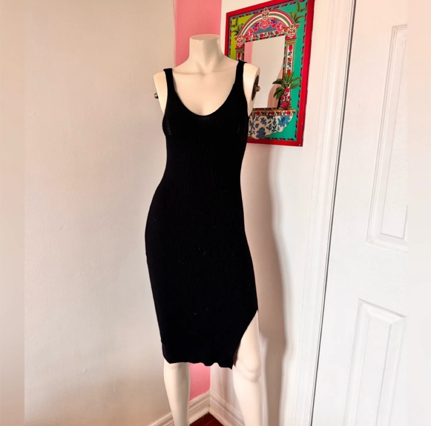 Black Ribbed Cowl Neck Midi Slit Dress thumbnail