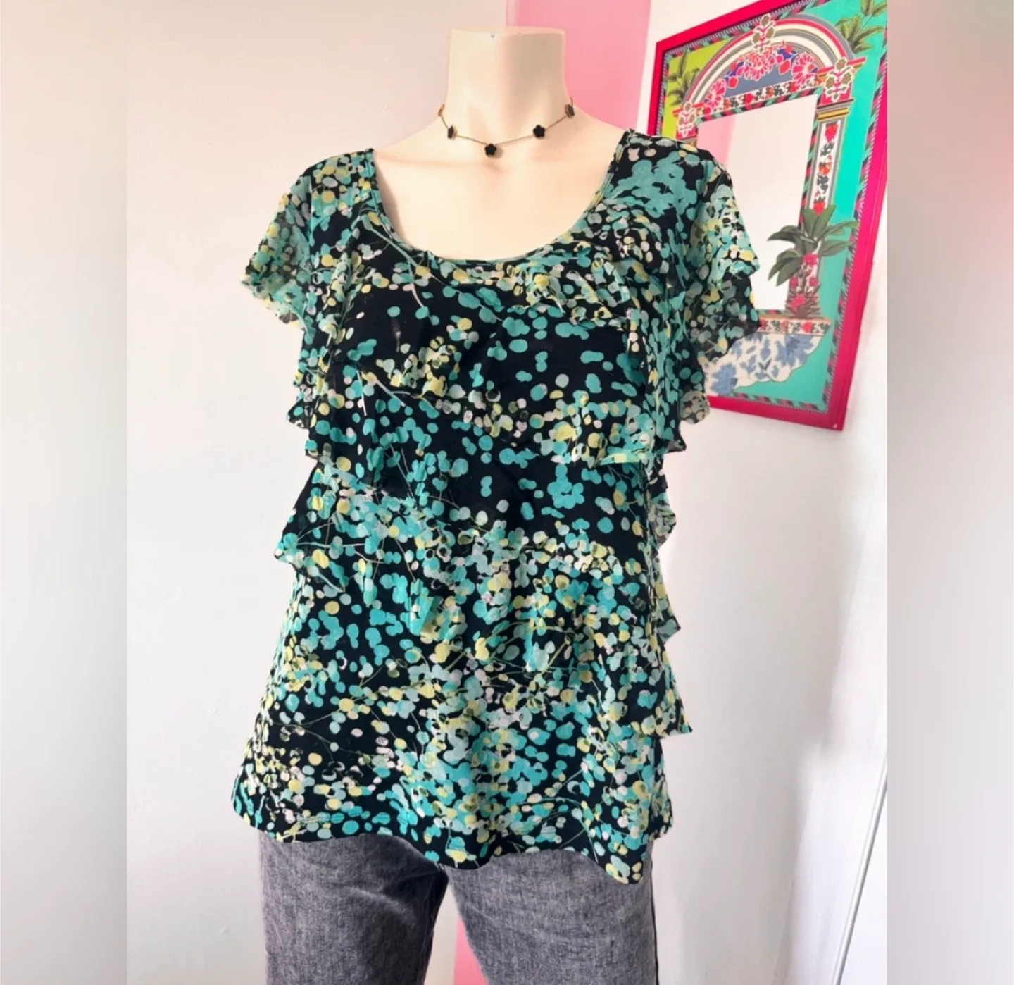 Flowy blue and green blouse with ruffles thumbnail