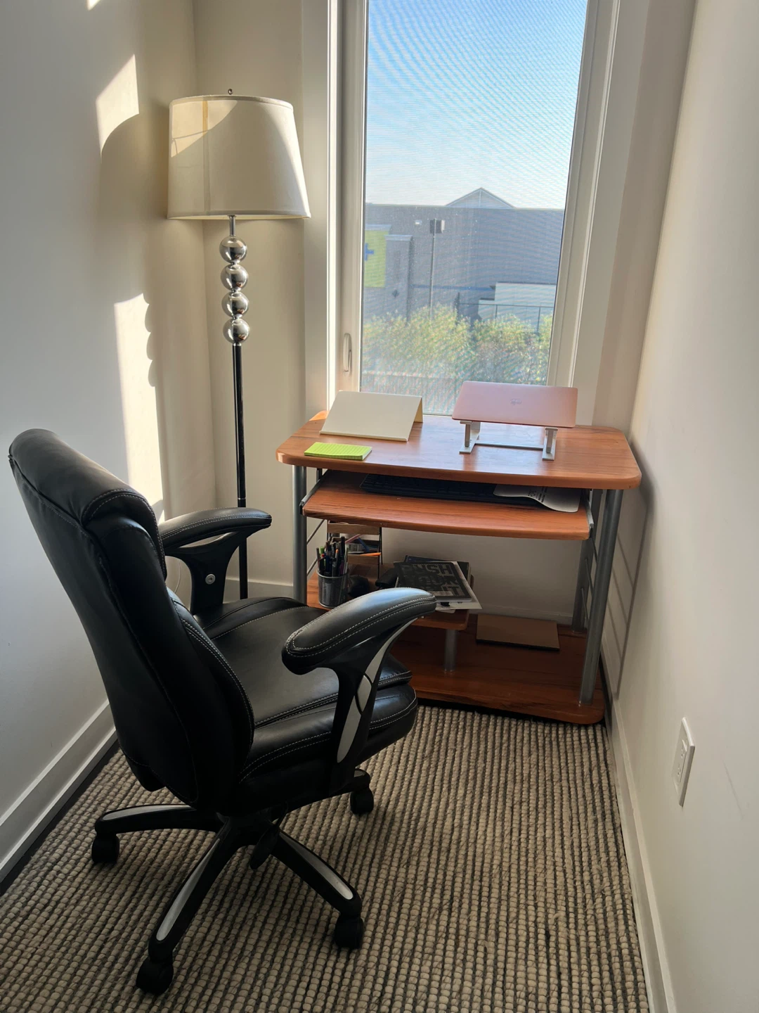 Office Desk and Black Leather Office Chair