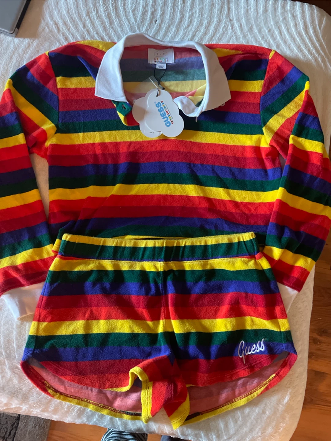 Guess x FriendsWithYou Rainbow Terry Polo & Shorts Set - M