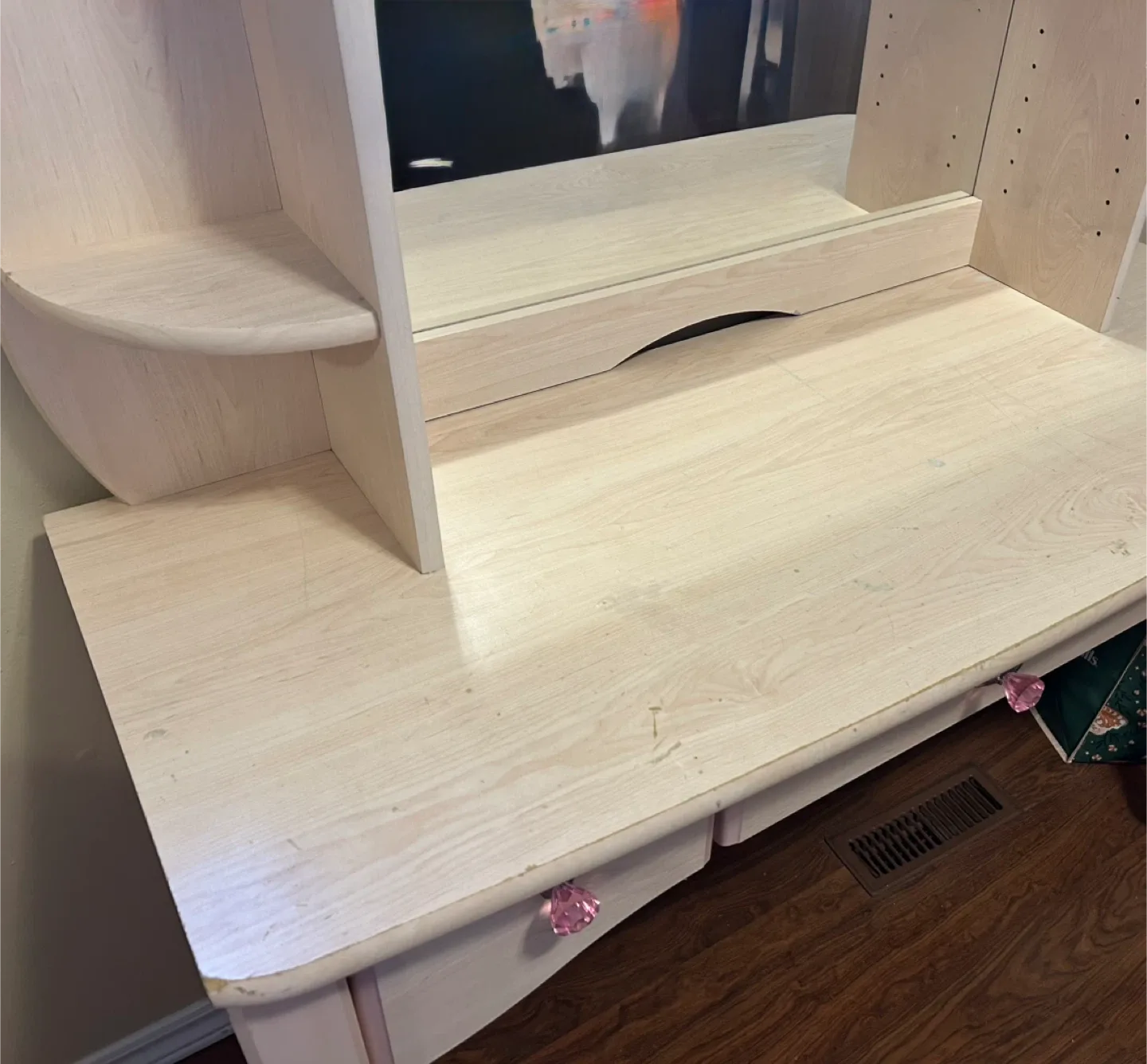 Pink bedroom set with vanity, dresser, bed frame, and mattress image indicator(4)