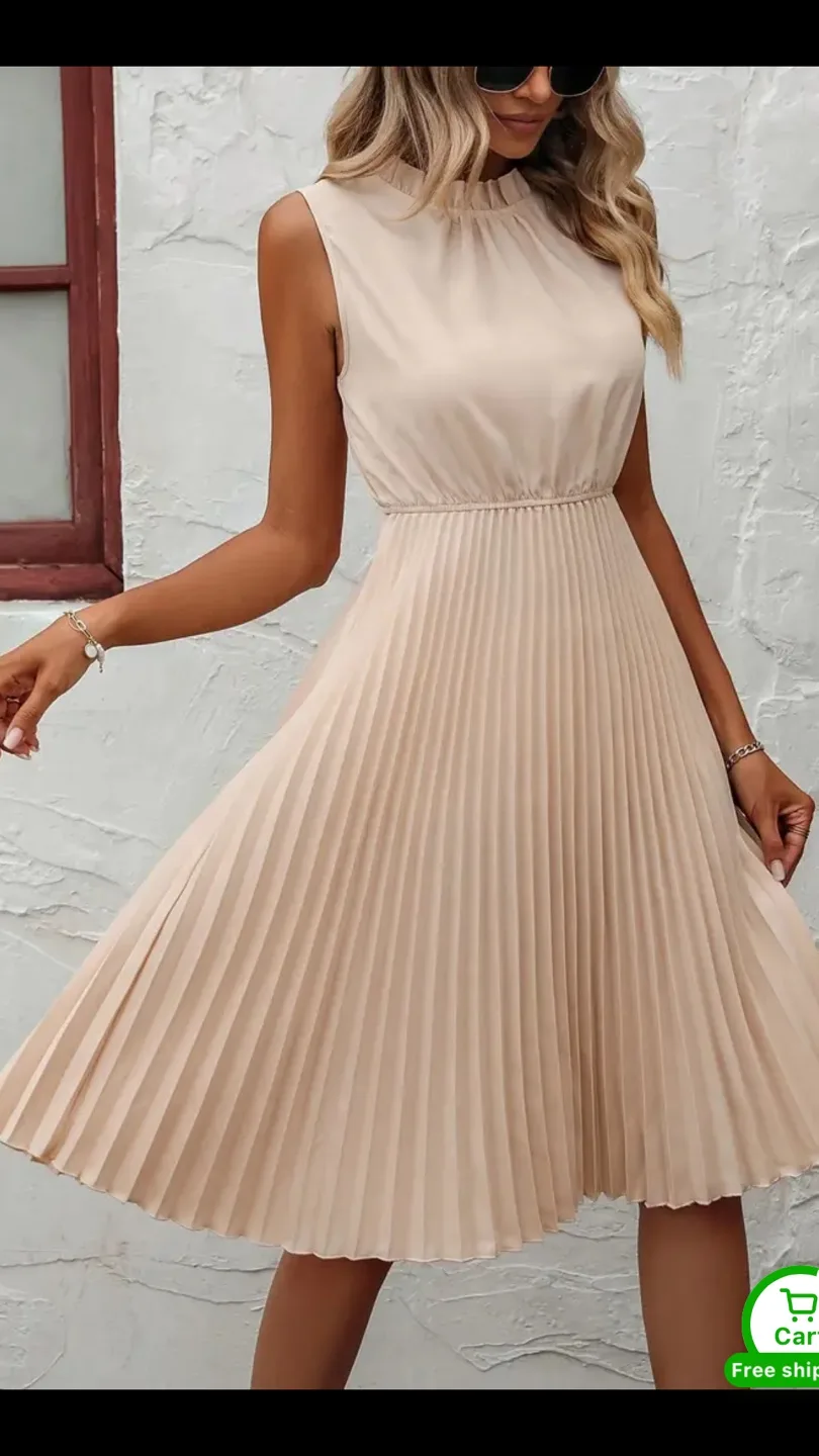 Beige Pleated Sleeveless Dress thumbnail