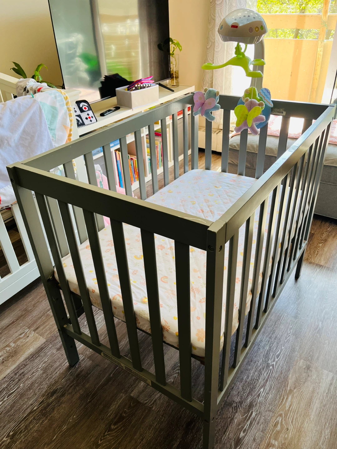 Grey Baby (mini) Crib with mattress and 4 sheets