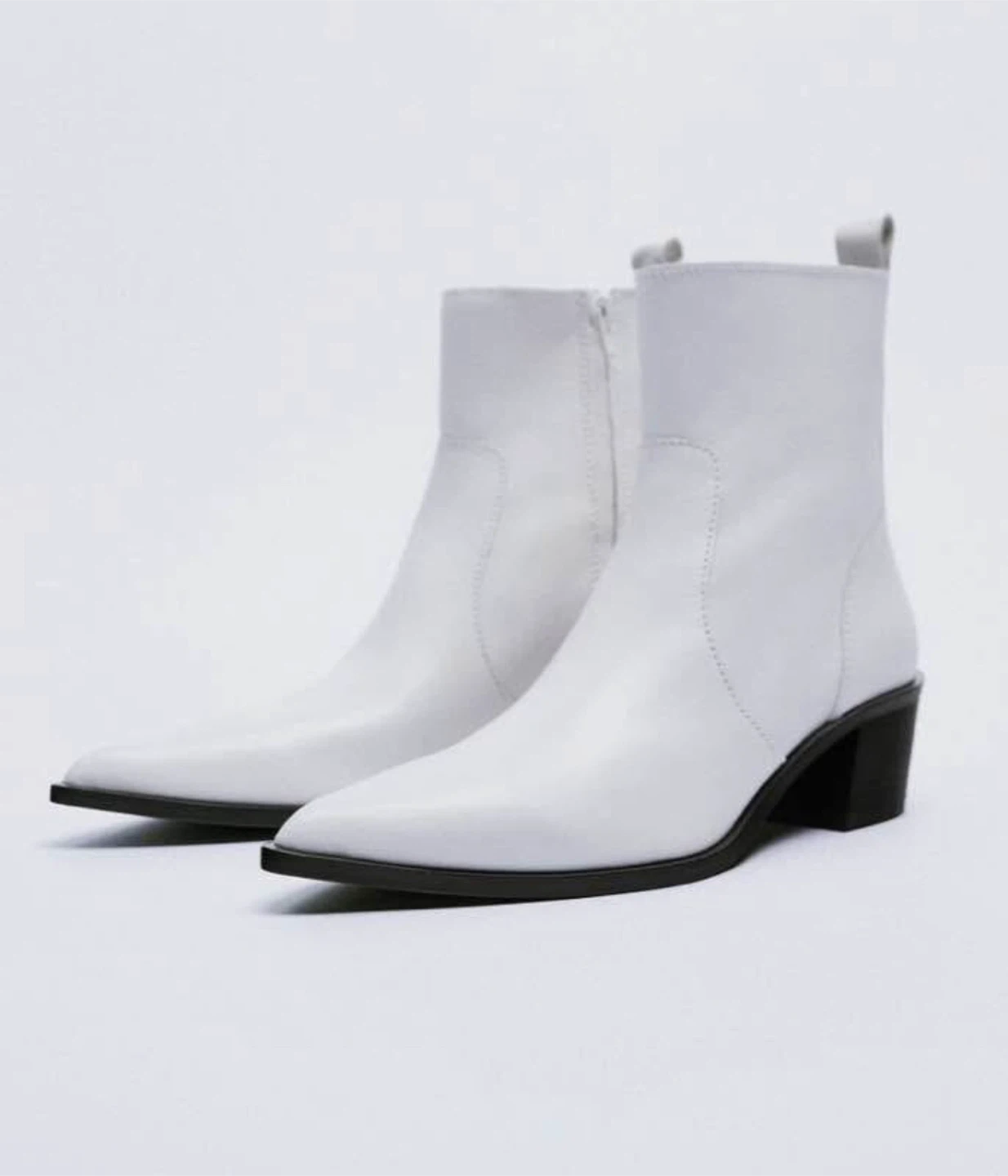 Zara White Leather Heeled Ankle Boots