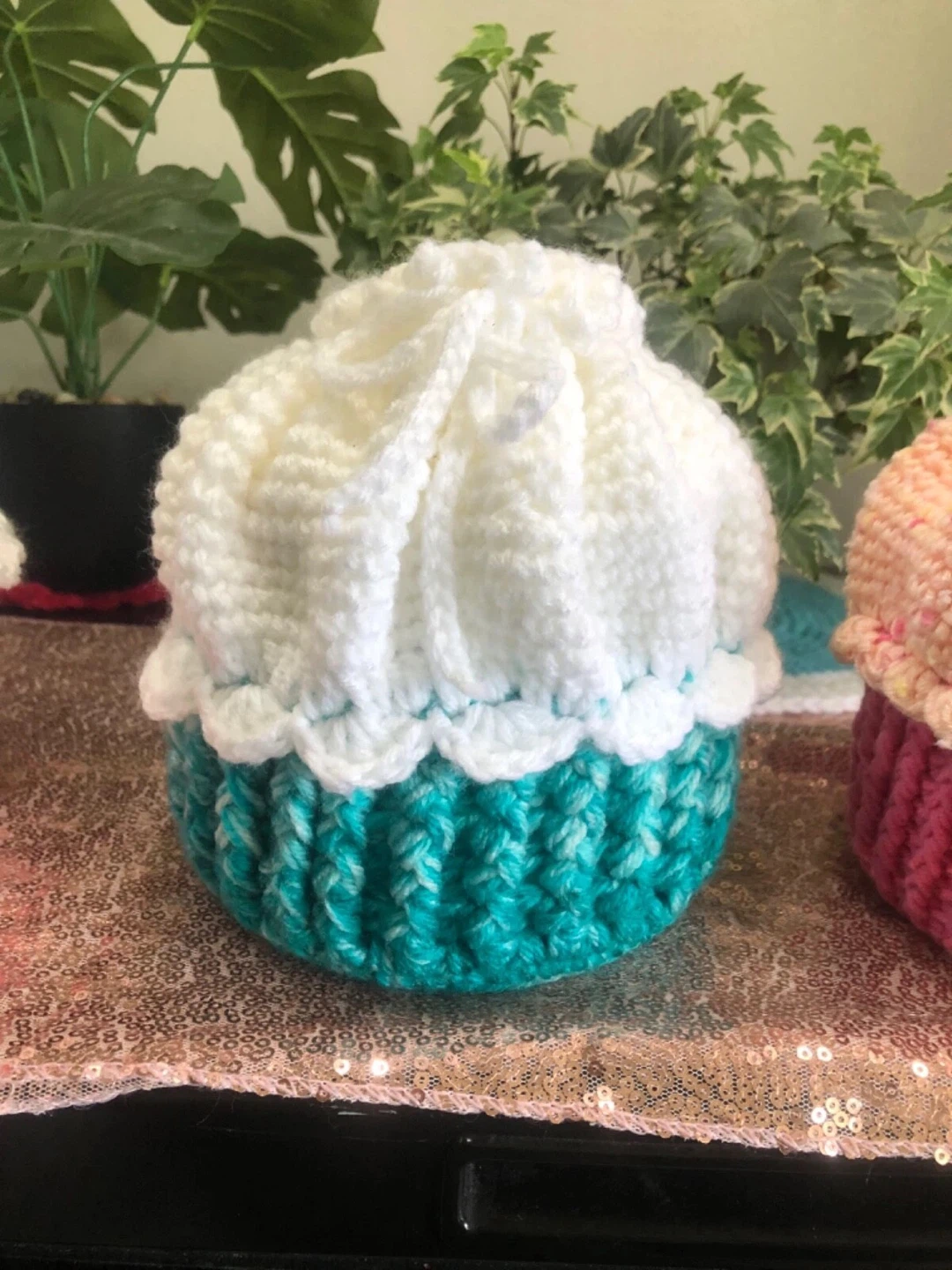 Crocheted Cupcake makeup bag.