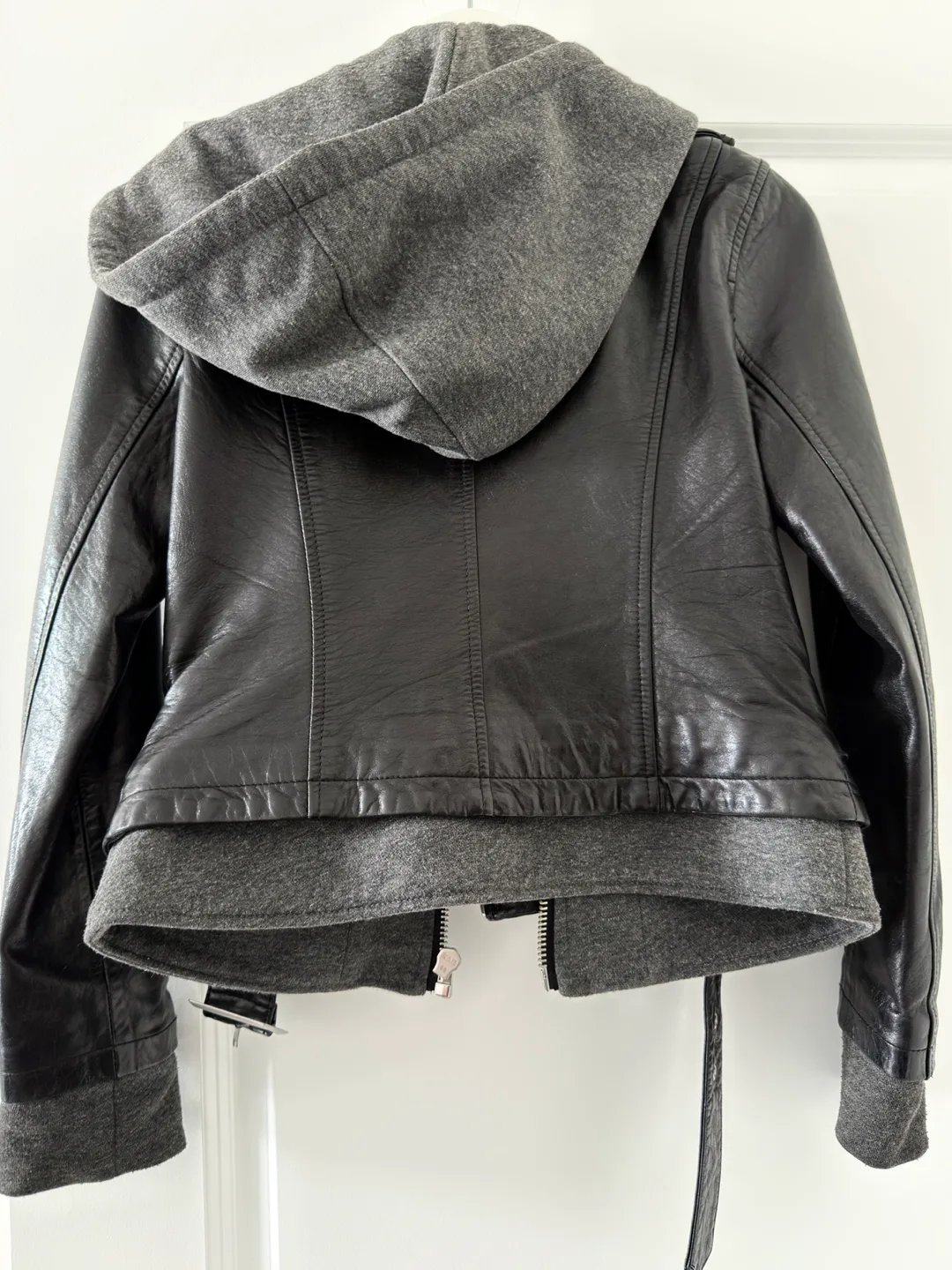 ONLY Black genuine Leather Jacket (Size S) detachable hood image indicator(2)