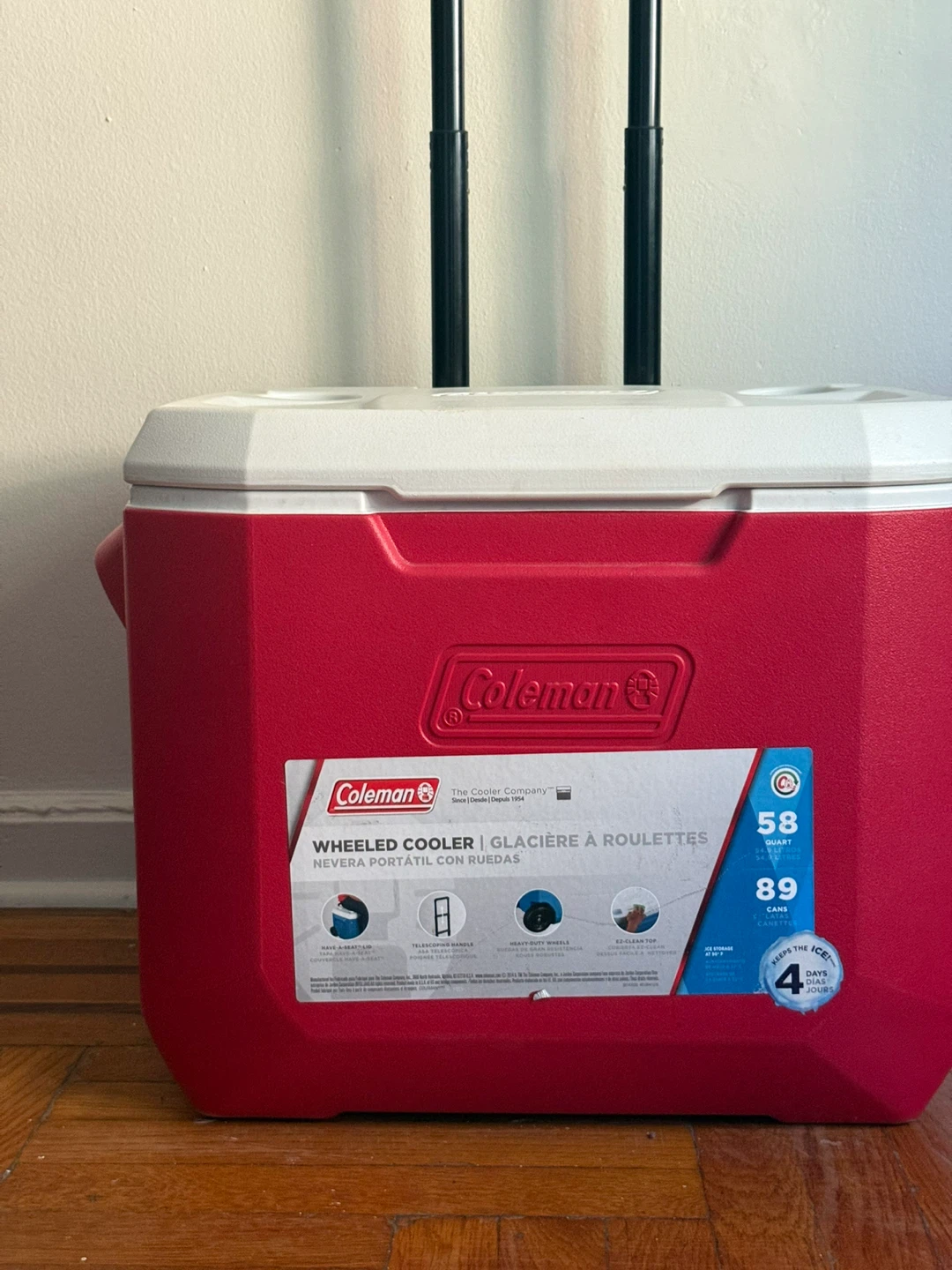 New Coleman 58 Quart Wheeled Cooler - Red/White