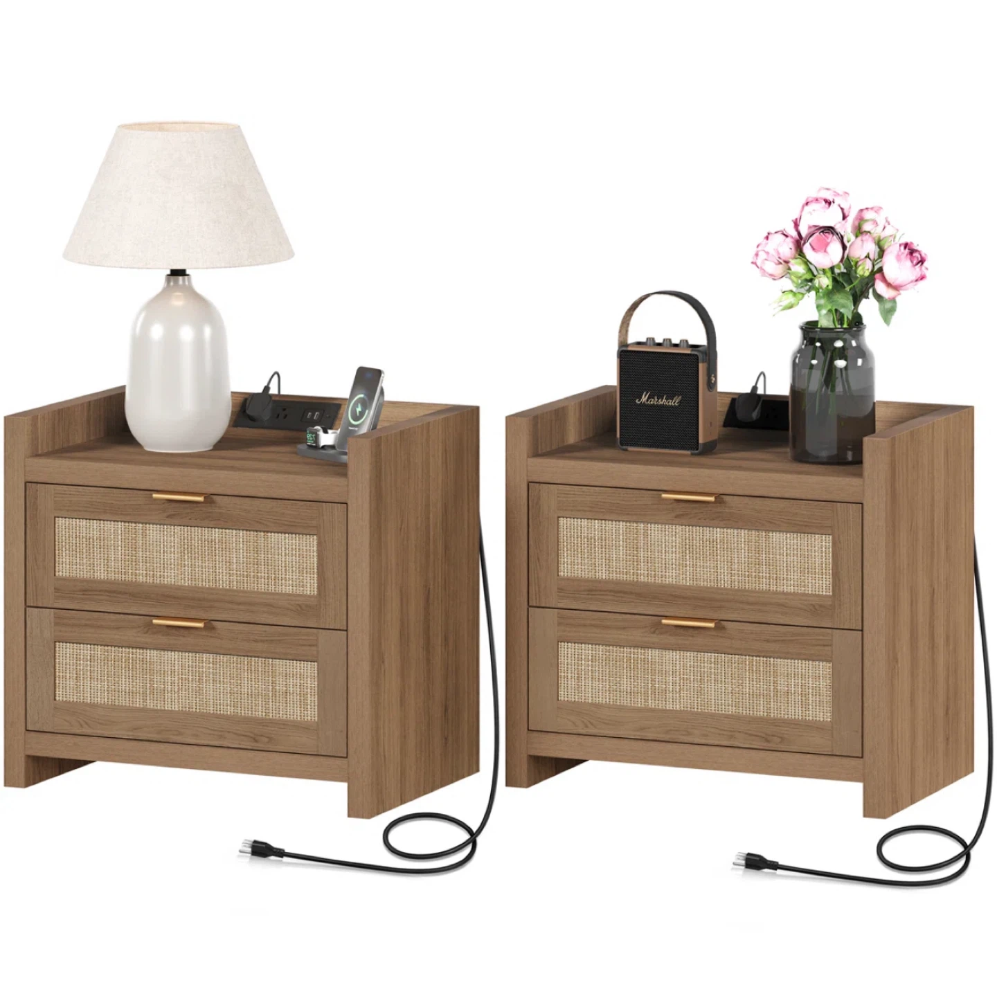 Set of 2 Nightstands with Charging Station