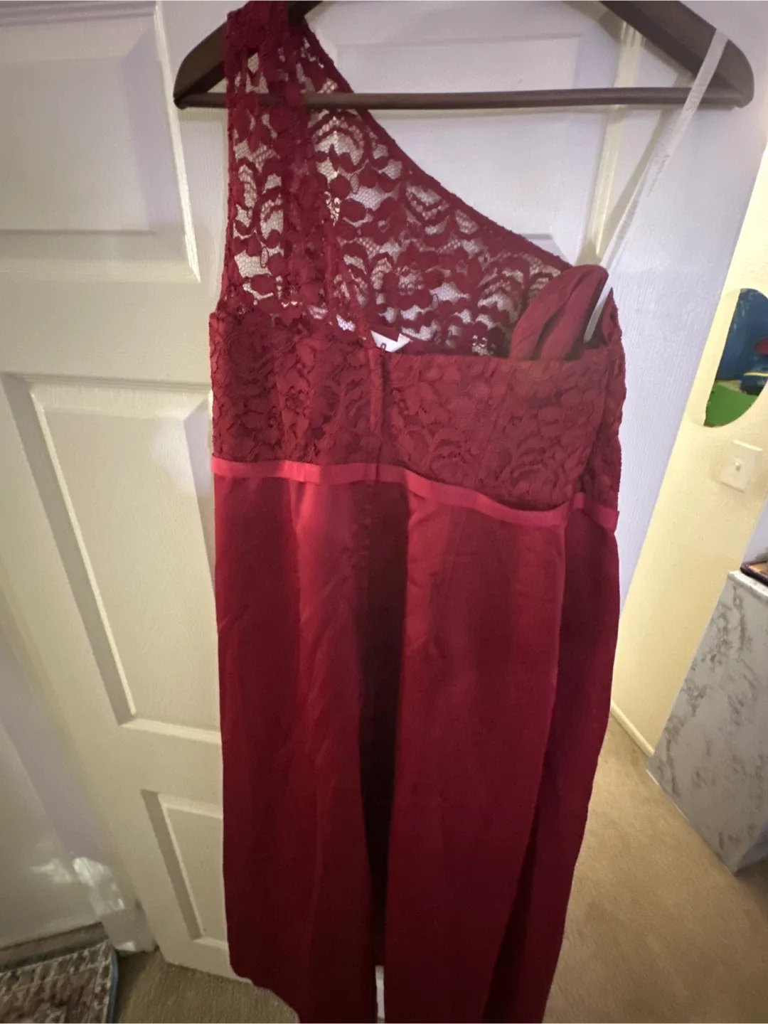 David’s Bridal Burgundy One-Shoulder Lace Dress image indicator(2)